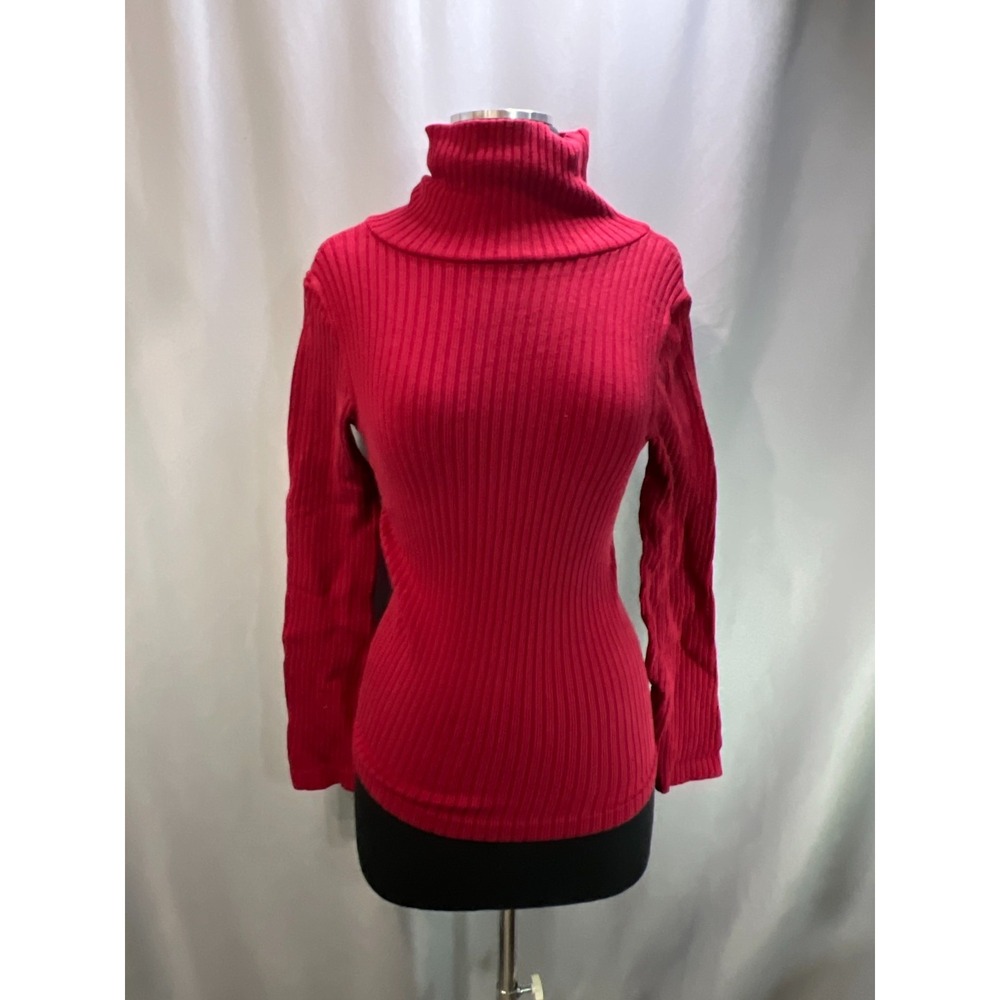 Womens Pullover Sweater Red Ribbed Knit Turtle Neck Long Sleeve Casual Wear